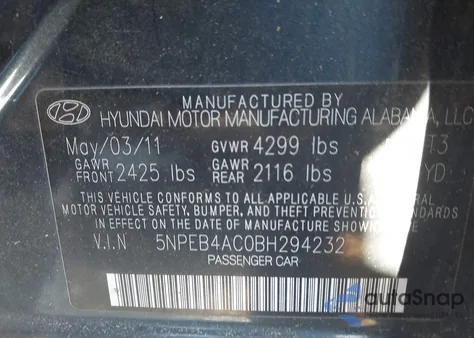 2011 Hyundai Sonata Gls из США, поврежденный, VIN 5NPEB4AC0BH294232